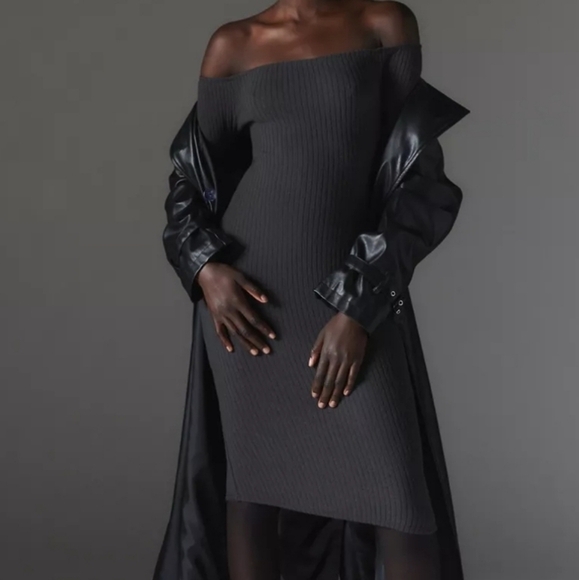 Urban Outfitters Cookie Off the Shoulder Sweater Midi Dress in Black Sz L NWT - Picture 3 of 11